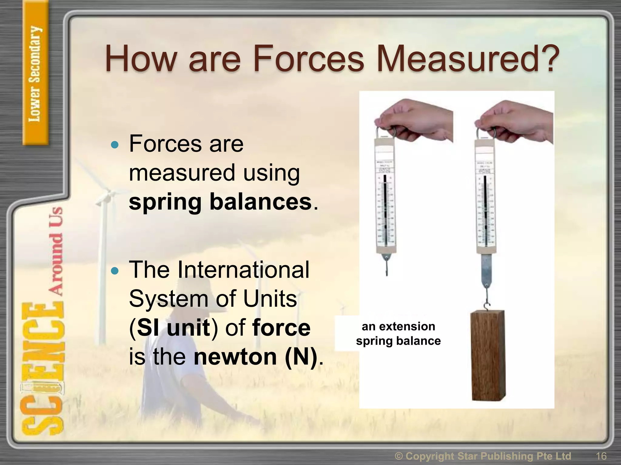 How are Forces Measured?
 Forces are
measured using
spring balances.
 The International
System of Units
(SI unit) of force
is the newton (N).
© Copyright Star Publishing Pte Ltd 16
an extension
spring balance
 