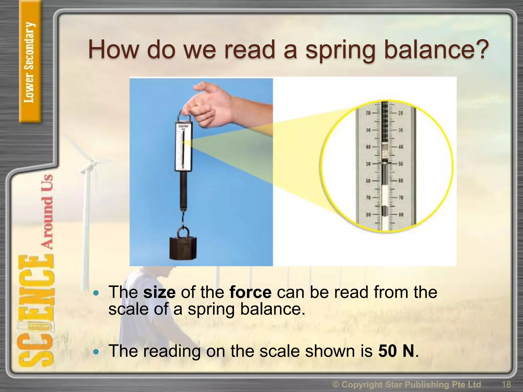How do we read a spring balance?
 The size of the force can be read from the
scale of a spring balance.
 The reading on the scale shown is 50 N.
© Copyright Star Publishing Pte Ltd 18
 