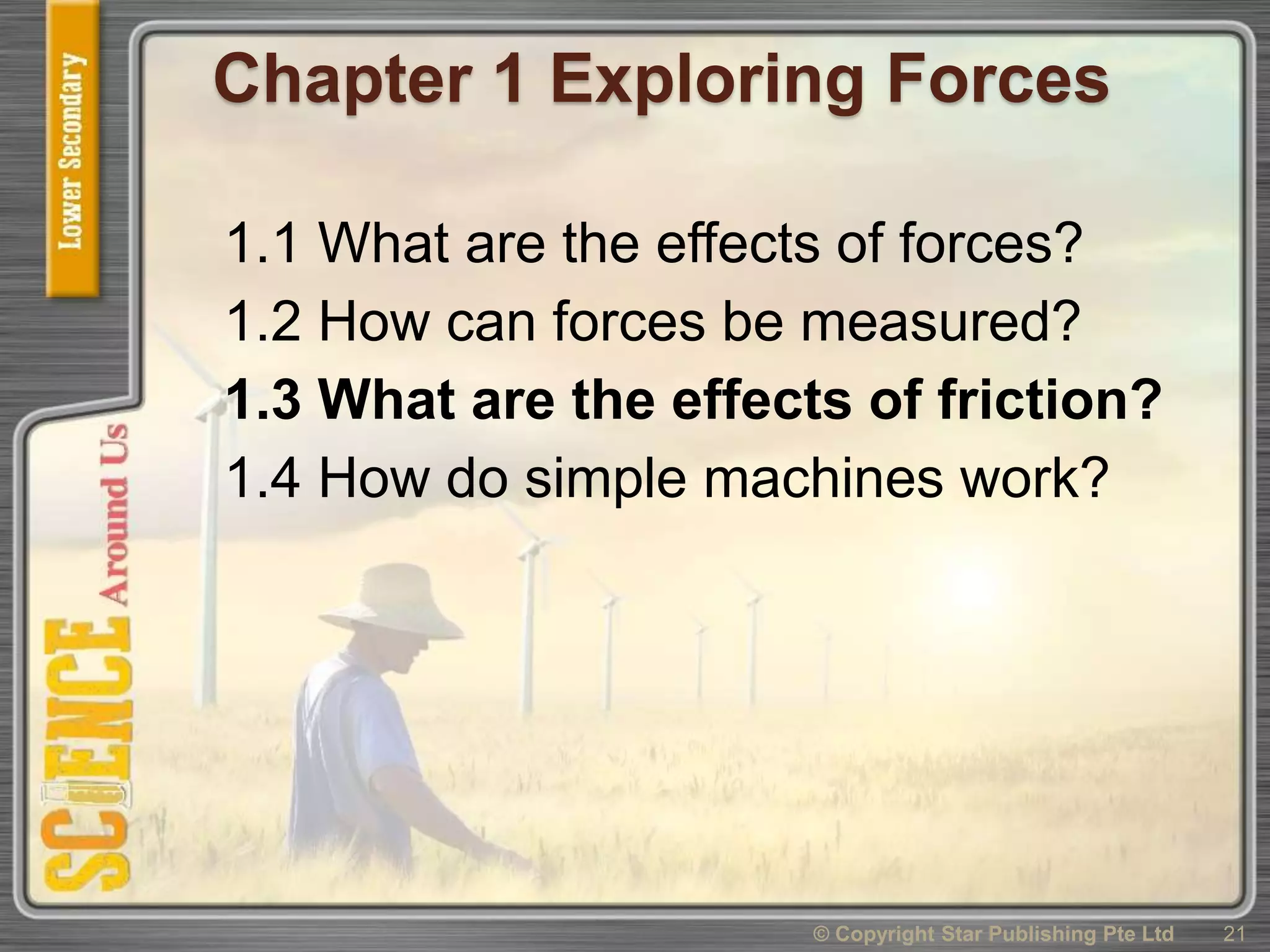 Chapter 1 Exploring Forces
1.1 What are the effects of forces?
1.2 How can forces be measured?
1.3 What are the effects of friction?
1.4 How do simple machines work?
21© Copyright Star Publishing Pte Ltd
 