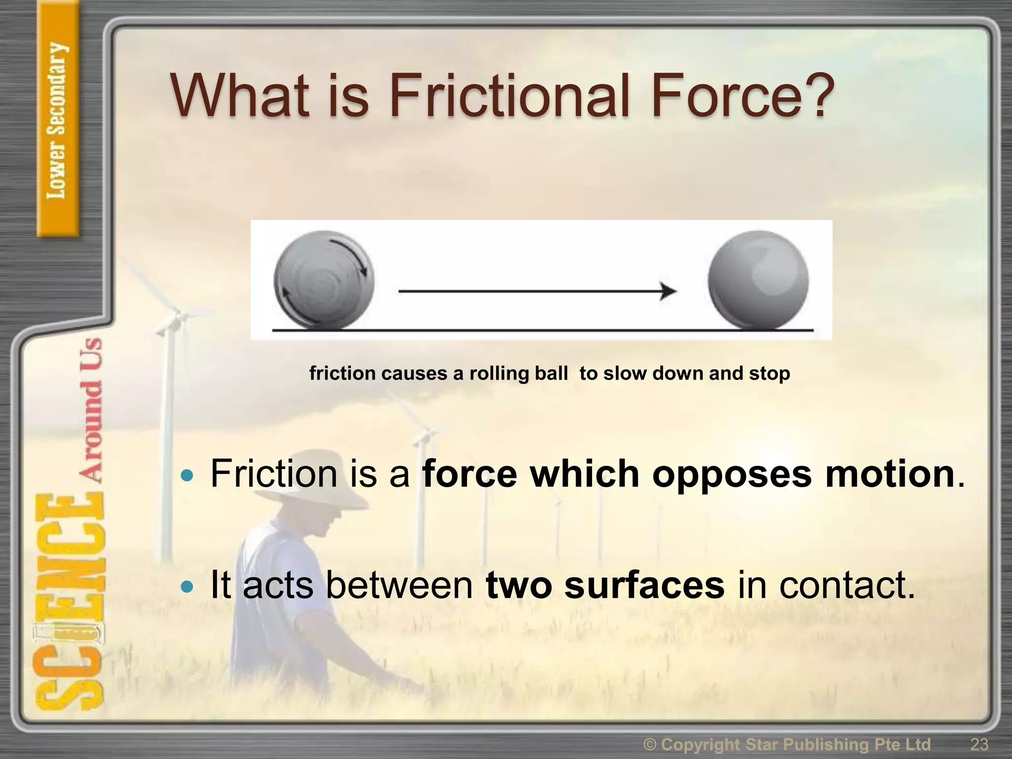 What is Frictional Force?
 Friction is a force which opposes motion.
 It acts between two surfaces in contact.
© Copyright Star Publishing Pte Ltd 23
friction causes a rolling ball to slow down and stop
 