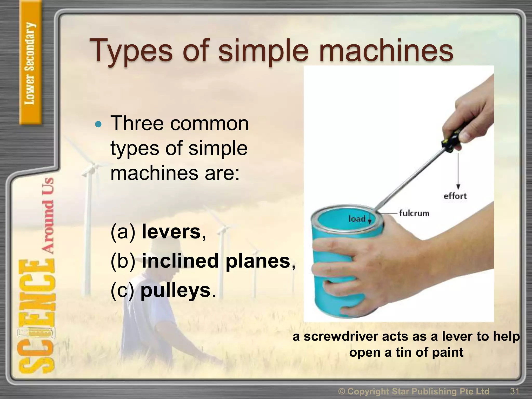 Types of simple machines
 Three common
types of simple
machines are:
(a) levers,
(b) inclined planes,
(c) pulleys.
© Copyright Star Publishing Pte Ltd 31
a screwdriver acts as a lever to help
open a tin of paint
 