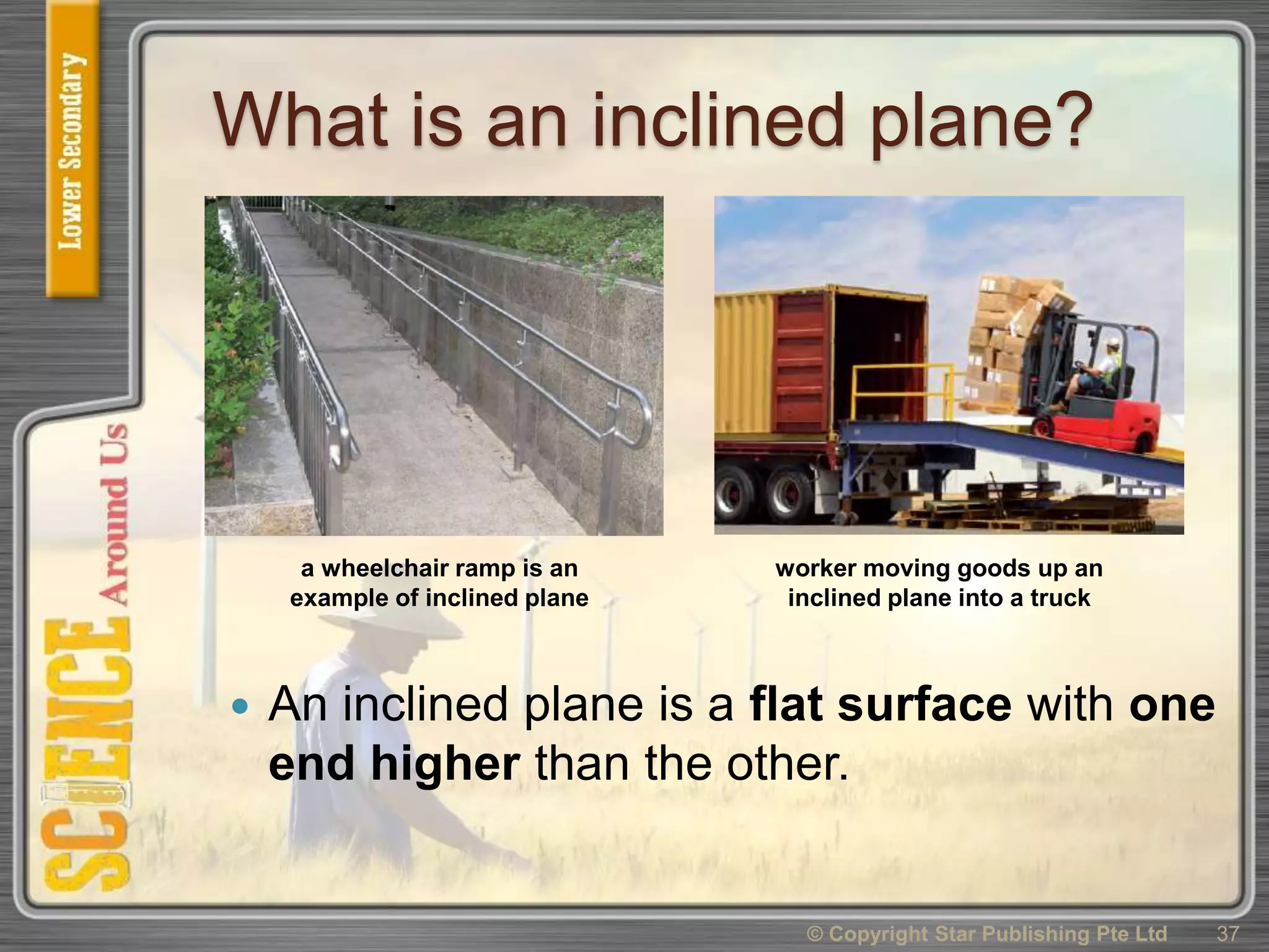 What is an inclined plane?
 An inclined plane is a flat surface with one
end higher than the other.
© Copyright Star Publishing Pte Ltd 37
a wheelchair ramp is an
example of inclined plane
worker moving goods up an
inclined plane into a truck
 