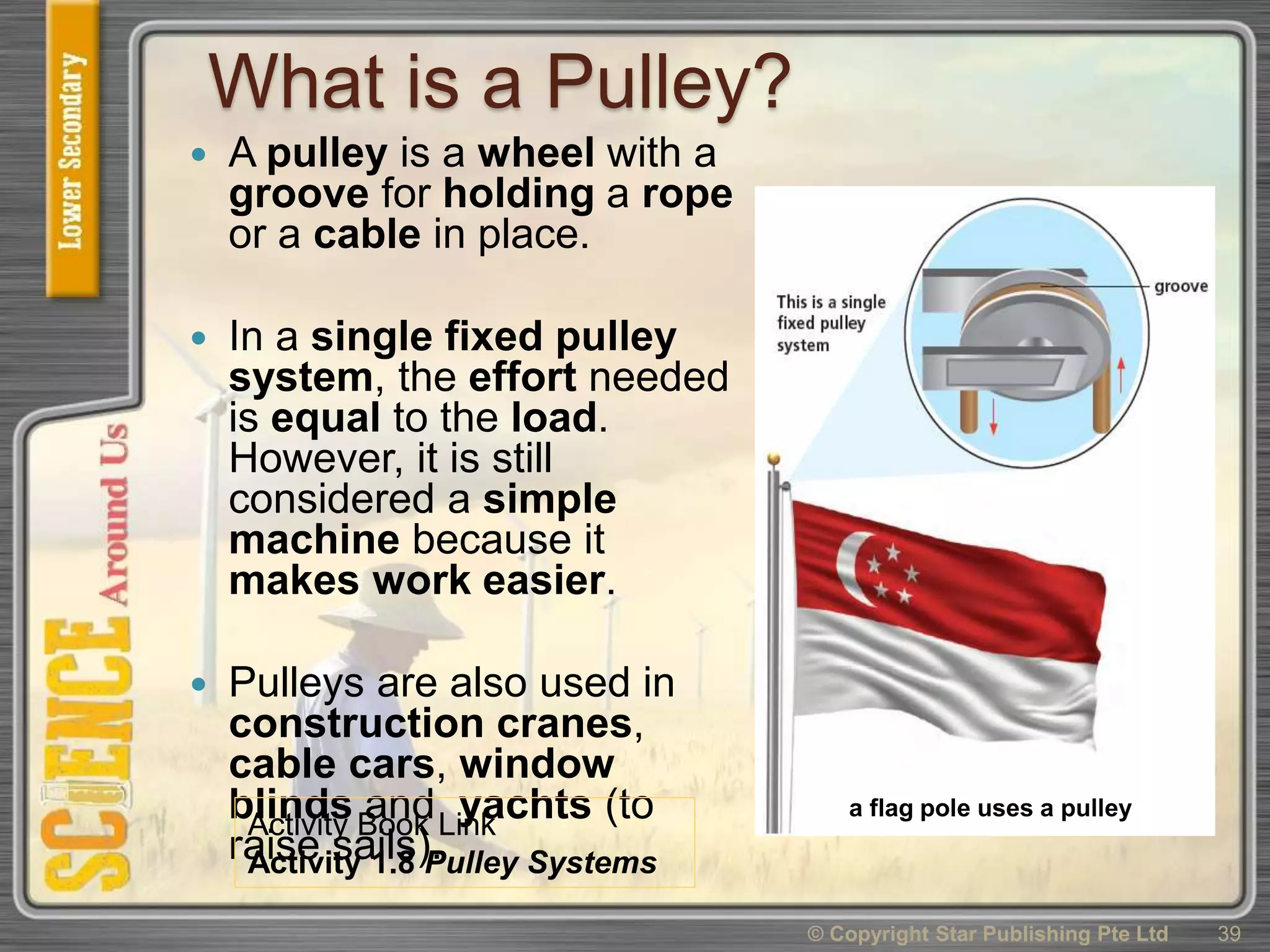 What is a Pulley?
 A pulley is a wheel with a
groove for holding a rope
or a cable in place.
 In a single fixed pulley
system, the effort needed
is equal to the load.
However, it is still
considered a simple
machine because it
makes work easier.
 Pulleys are also used in
construction cranes,
cable cars, window
blinds and yachts (to
raise sails).
© Copyright Star Publishing Pte Ltd 39
a flag pole uses a pulley
Activity Book Link
Activity 1.8 Pulley Systems
 