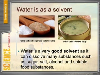 Water is as a solvent
 Water is a very good solvent as it
can dissolve many substances such
as sugar, salt, alcohol and soluble
food substances.
© Copyright Star Publishing Pte Ltd 15
water used to make souptable salt and sugar are water soluble
 