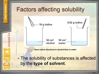 Factors affecting solubility
 The solubility of substances is affected
by the type of solvent.
© Copyright Star Publishing Pte Ltd 25
more iodine dissolves in alcohol than in water
 