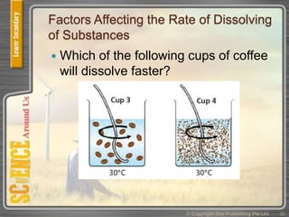 Factors Affecting the Rate of Dissolving
of Substances
 Which of the following cups of coffee
will dissolve faster?
© Copyright Star Publishing Pte Ltd 30
 