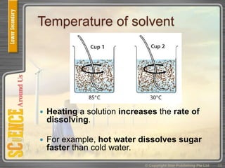 Temperature of solvent
 Heating a solution increases the rate of
dissolving.
 For example, hot water dissolves sugar
faster than cold water.
© Copyright Star Publishing Pte Ltd 33
 