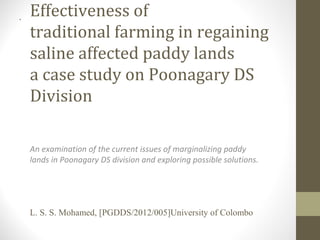 .

Effectiveness of
traditional farming in regaining
saline affected paddy lands
a case study on Poonagary DS
Division
An examination of the current issues of marginalizing paddy
lands in Poonagary DS division and exploring possible solutions.

L. S. S. Mohamed, [PGDDS/2012/005]University of Colombo

 