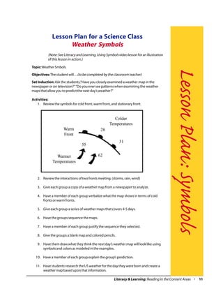 Lesson Plan for a Science Class
                   Weather Symbols
           (Note: See Literacy and Learning, Using Symbols video lesson for an illustration
           of this lesson in action.)

Topic: Weather Smbols




                                                                                              Lesson Plan: Symbols
Objectives: The student will…(to be completed by the classroom teacher)

Set Induction: Ask the students,“Have you closely examined a weather map in the
newspaper or on television?” “Do you ever see patterns when examining the weather
maps that allow you to predict the next day’s weather?”

Activities:
   1. Review the symbols for cold front, warm front, and stationary front.



                                                       Colder
                                                     Temperatures
                     Warm                      28
                     Front
                                                            31
                                  55

                Warmer                       62
              Temperatures


   2. Review the interactions of two fronts meeting. (storms, rain, wind)

   3. Give each group a copy of a weather map from a newspaper to analyze.

   4. Have a member of each group verbalize what the map shows in terms of cold
      fronts or warm fronts.

   5. Give each group a series of weather maps that covers 4-5 days.

   6. Have the groups sequence the maps.

   7. Have a member of each group justify the sequence they selected.

   8. Give the groups a blank map and colored pencils.

   9. Have them draw what they think the next day’s weather map will look like using
      symbols and colors as modeled in the examples.

  10. Have a member of each group explain the group’s prediction.

  11. Have students research the US weather for the day they were born and create a
      weather map based upon that information.

                                                        Literacy & Learning: Reading in the Content Areas • 11
 