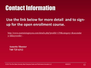 1212
Contact Information
8/26/2015© 2014 The Ohio State University Alber Enterprise Center and Performance Innovation LLC
...