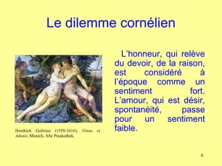 Le dilemme cornélien

                                             L’honneur, qui relève
                                          du devoir, de la raison,
                                          est     considéré       à
                                          l’époque comme un
                                          sentiment            fort.
                                          L’amour, qui est désir,
                                          spontanéité,      passe
                                          pour    un    sentiment
Hendrick Goltzius (1558-1616), Vénus et   faible.
Adonis, Munich, Alte Pinakothek.



                                                                  8
 
