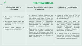 POLÍTICA SOCIAL
Salud para Toda la
Población
Instituto Nacional de Salud para
el Bienestar
Detonar el Crecimiento
 Que haya materiales para
curación.
 No esperar meses para ser
sometidos a una intervención
quirúrgica.
 Apoyo para mejorar el
equipamiento de hospitales.
 El Gobierno Federal realizará las
acciones necesarias para garantizar
que hacia 2024 todas y todos los
habitantes de México puedan recibir
atención médica y hospitalaria
gratuita, incluidos el suministro de
medicamentos y materiales de
curación y los exámenes clínicos.
 Este objetivo se logrará mediante la
creación del Instituto Nacional de
Salud para el Bienestar, que dará
servicio en todo el territorio nacional a
todas las personas no afiliadas al
IMSS o al ISSSTE.
 El país ha pagado cerca de 700 mil
millones de pesos y aún adeuda más
de 900 mil millones.
 Durante esos 36 años la
administración pública llevó a cabo
una política fiscal claramente
orientada a beneficiar a unas
cuantas empresas privadas
mediante: créditos fiscales y
deducciones injustificadas.
 La mayor parte de la recaudación
cayó en los hombros de las clases
medias, las pequeñas y medianas
empresas y el pueblo en general.
 
