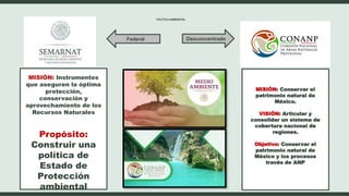 POLÍTICA AMBIENTAL
MISIÓN: Instrumentos
que aseguren la óptima
protección,
conservación y
aprovechamiento de los
Recursos Naturales
Propósito:
Construir una
política de
Estado de
Protección
ambiental
MISIÓN: Conservar el
patrimonio natural de
México.
VISIÓN: Articular y
consolidar un sistema de
cobertura nacional de
regiones.
Objetivo: Conservar el
patrimonio natural de
México y los procesos
través de ANP
Federal Desconcentrado
 