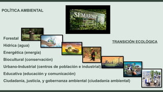 POLÍTICA AMBIENTAL
Forestal
Hídrica (agua)
Energética (energía)
Biocultural (conservación)
Urbano-Industrial (centros de población e industrial)
Educativa (educación y comunicación)
Ciudadanía, justicia, y gobernanza ambiental (ciudadanía ambiental)
TRANSICIÓN ECOLÓGICA
 