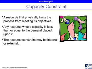 Lean Six Sigma
© 2010 Lean 6 Solutions, Inc. All rights reserved.
 A resource that physically limits the
process from meeting its objectives.
 Any resource whose capacity is less
than or equal to the demand placed
upon it.
 The resource constraint may be internal
or external.
Capacity Constraint
 
