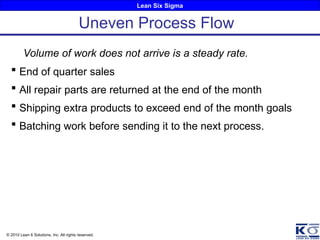 Lean Six Sigma
© 2010 Lean 6 Solutions, Inc. All rights reserved.
Volume of work does not arrive is a steady rate.
 End of quarter sales
 All repair parts are returned at the end of the month
 Shipping extra products to exceed end of the month goals
 Batching work before sending it to the next process.
Uneven Process Flow
 