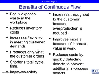 Lean Six Sigma
© 2010 Lean 6 Solutions, Inc. All rights reserved.
 Easily exposes
waste in the
workplace.
 Reduces inventory
costs
 Increases flexibility
in meeting customer
demands
 Produces only what
the customer orders
 Shortens total cycle
time.
 Improves safety
 Increases throughput
to the customer
because
overproduction is
reduced.
 Improves morale
because of increase
value in work.
 Reduces costs by
quickly detecting
defects to prevent
additional in-process
Benefits of Continuous Flow
 