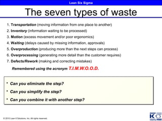Lean Six Sigma
© 2010 Lean 6 Solutions, Inc. All rights reserved.
1. Transportation (moving information from one place to another)
2. Inventory (information waiting to be processed)
3. Motion (excess movement and/or poor ergonomics)
4. Waiting (delays caused by missing information, approvals)
5. Overproduction (producing more than the next steps can process)
6. Overprocessing (generating more detail than the customer requires)
7. Defects/Rework (making and correcting mistakes)
Remembered using the acronym T.I.M.W.O.O.D.
The seven types of waste
• Can you eliminate the step?
• Can you simplify the step?
• Can you combine it with another step?
 