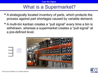 Lean Six Sigma
© 2010 Lean 6 Solutions, Inc. All rights reserved.
 A strategically located inventory of parts, which protects the
process against part shortages caused by variable demand.
 A multi-bin kanban creates a “pull signal” every time a bin is
withdrawn, whereas a supermarket creates a “pull signal” at
a pre-defined level.
What is a Supermarket?
 