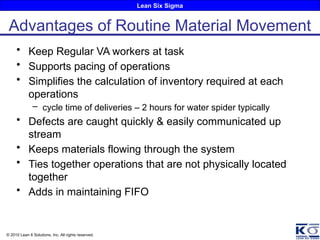 Lean Six Sigma
© 2010 Lean 6 Solutions, Inc. All rights reserved.
Advantages of Routine Material Movement
• Keep Regular VA workers at task
• Supports pacing of operations
• Simplifies the calculation of inventory required at each
operations
– cycle time of deliveries – 2 hours for water spider typically
• Defects are caught quickly & easily communicated up
stream
• Keeps materials flowing through the system
• Ties together operations that are not physically located
together
• Adds in maintaining FIFO
 