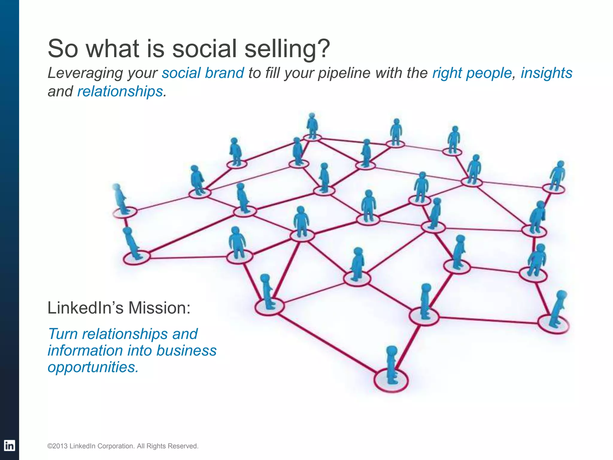 So what is social selling?
Leveraging your social brand to fill your pipeline with the right people, insights
and relationships.

LinkedIn’s Mission:
Turn relationships and
information into business
opportunities.

©2013 LinkedIn Corporation. All Rights Reserved.

 