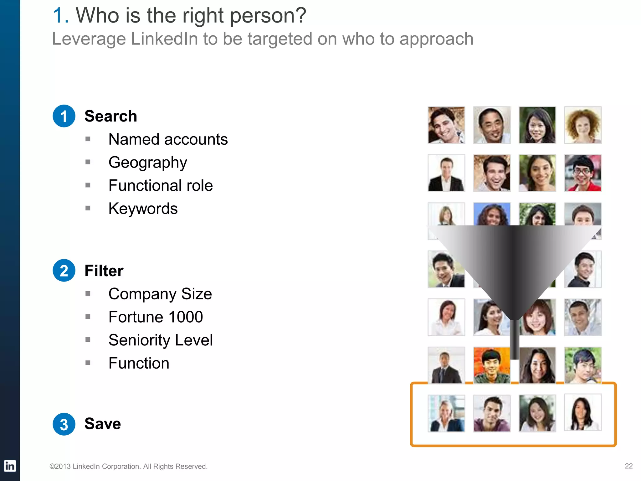 1. Who is the right person?
Leverage LinkedIn to be targeted on who to approach

1 Search
 Named accounts
 Geography
 Functional role
 Keywords

2 Filter
 Company Size
 Fortune 1000
 Seniority Level
 Function

3 Save
©2013 LinkedIn Corporation. All Rights Reserved.

22

 