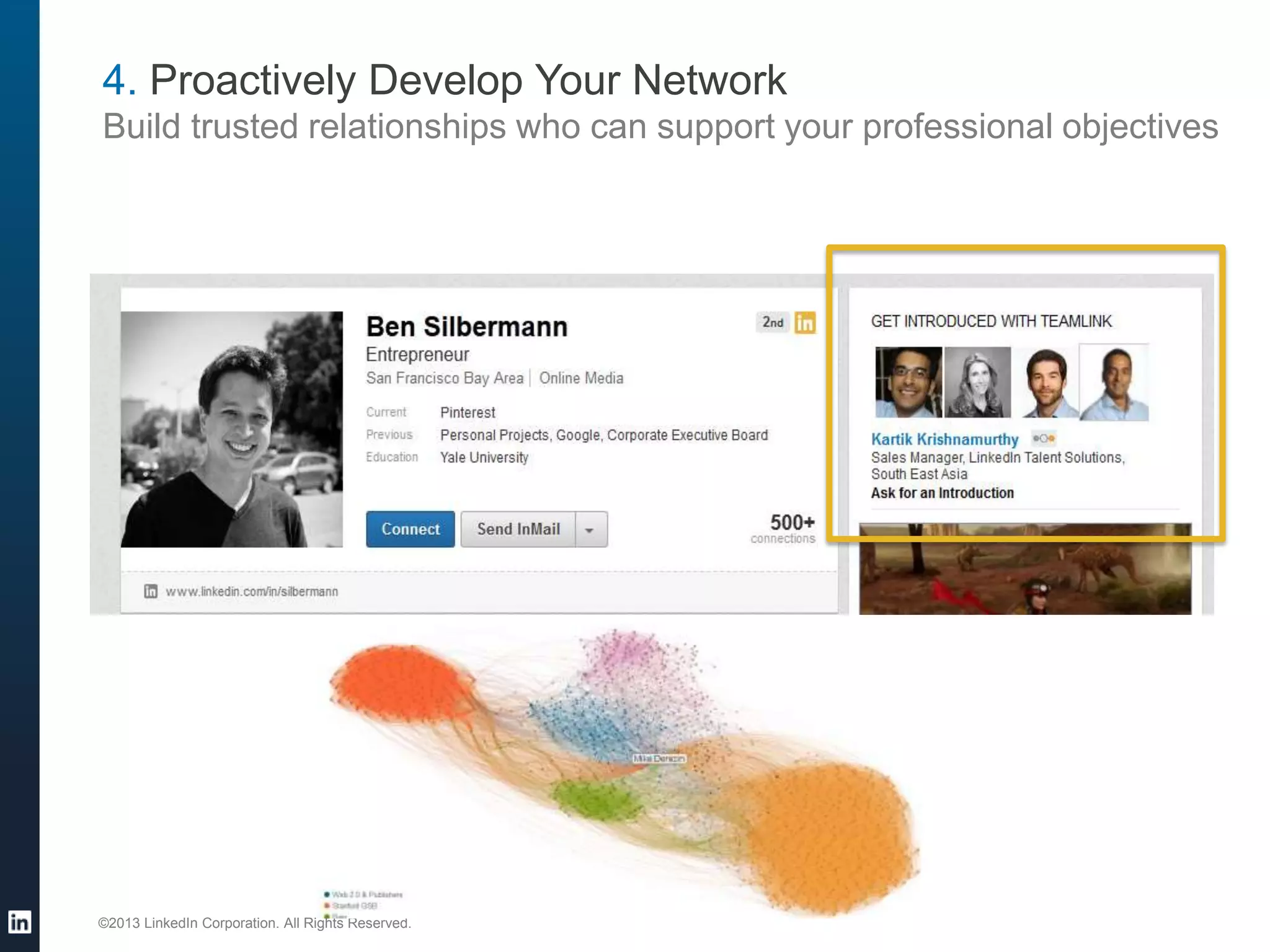 4. Proactively Develop Your Network
Build trusted relationships who can support your professional objectives

©2013 LinkedIn Corporation. All Rights Reserved.

 