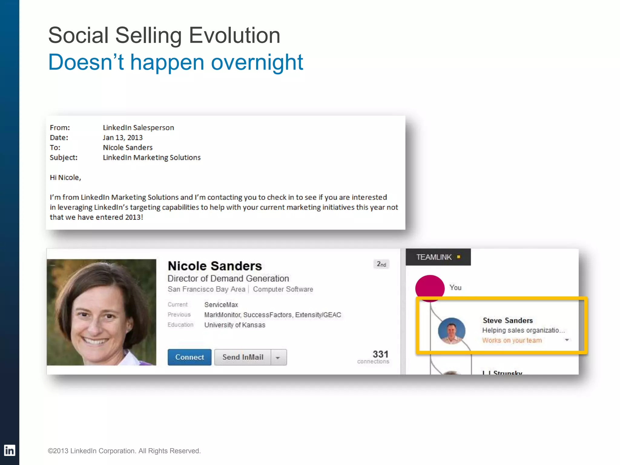 Social Selling Evolution
Doesn’t happen overnight

©2013 LinkedIn Corporation. All Rights Reserved.

 