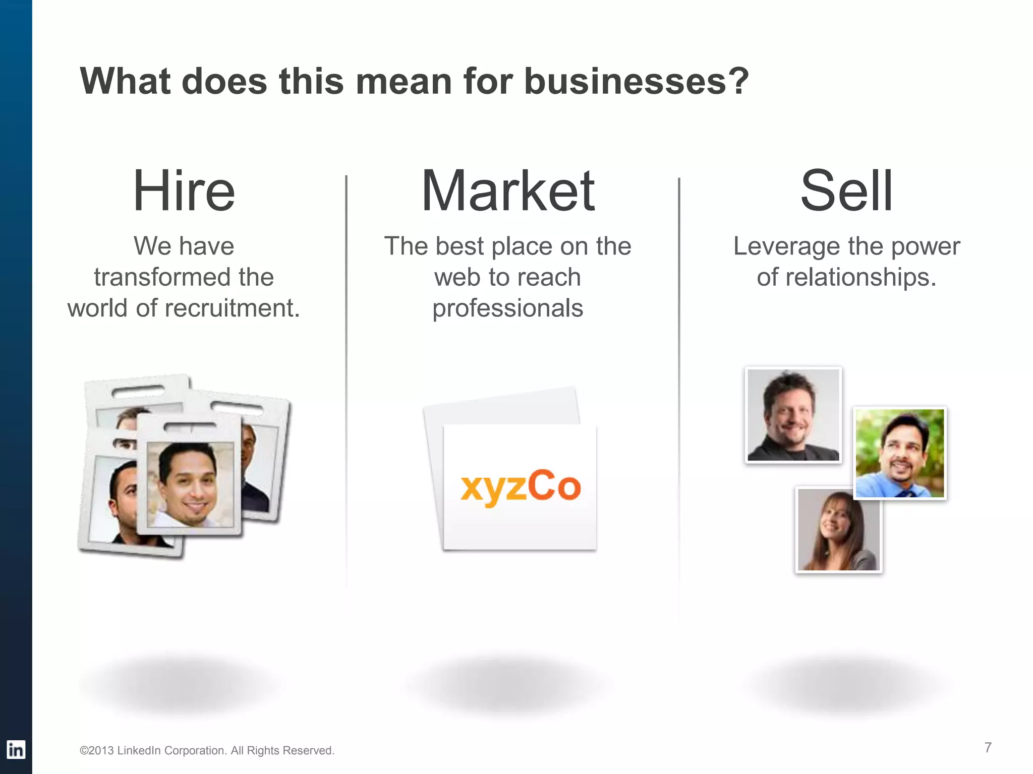 What does this mean for businesses?

Hire

Market

Sell

We have
transformed the
world of recruitment.

The best place on the
web to reach
professionals

Leverage the power
of relationships.

©2013 LinkedIn Corporation. All Rights Reserved.

7

 