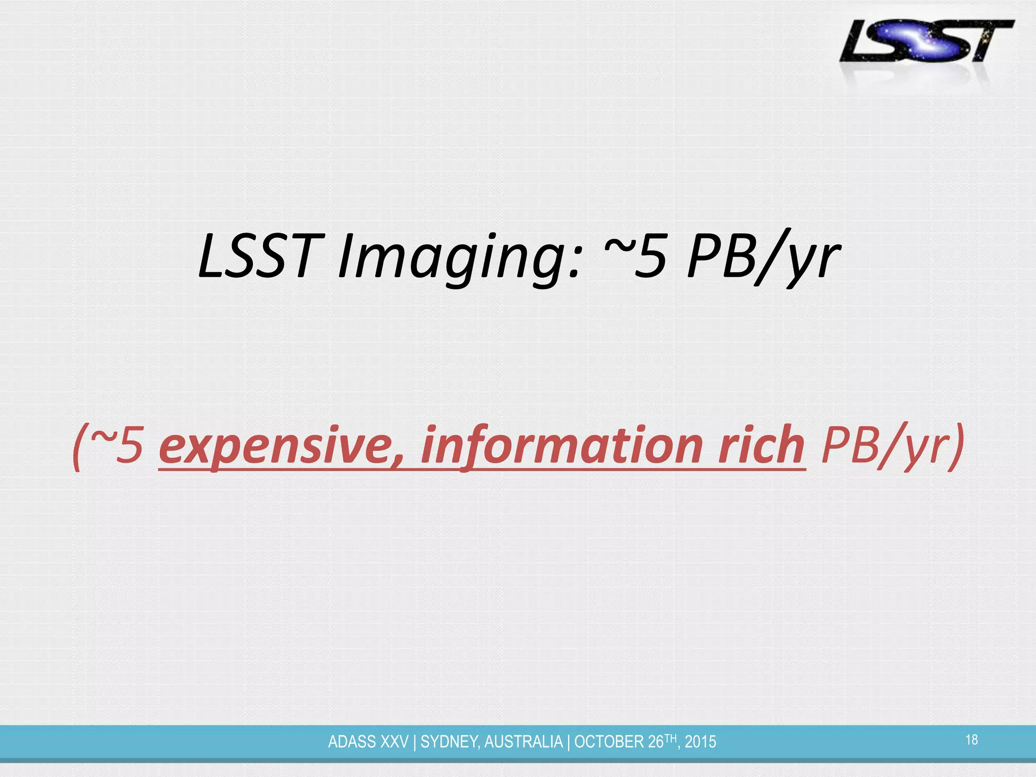 18ADASS XXV | SYDNEY, AUSTRALIA | OCTOBER 26TH, 2015
LSST Imaging: ~5 PB/yr
(~5 expensive, information rich PB/yr)
 