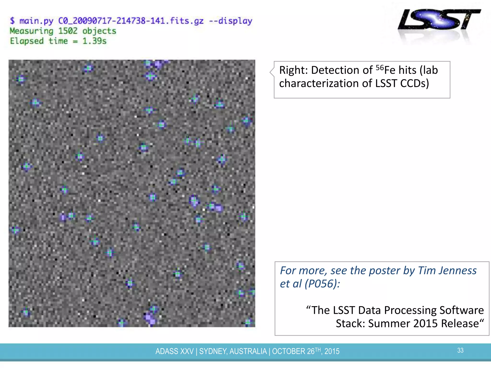 33ADASS XXV | SYDNEY, AUSTRALIA | OCTOBER 26TH, 2015
For more, see the poster by Tim Jenness
et al (P056):
“The LSST Data Processing Software
Stack: Summer 2015 Release“
Right: Detection of 56Fe hits (lab
characterization of LSST CCDs)
 