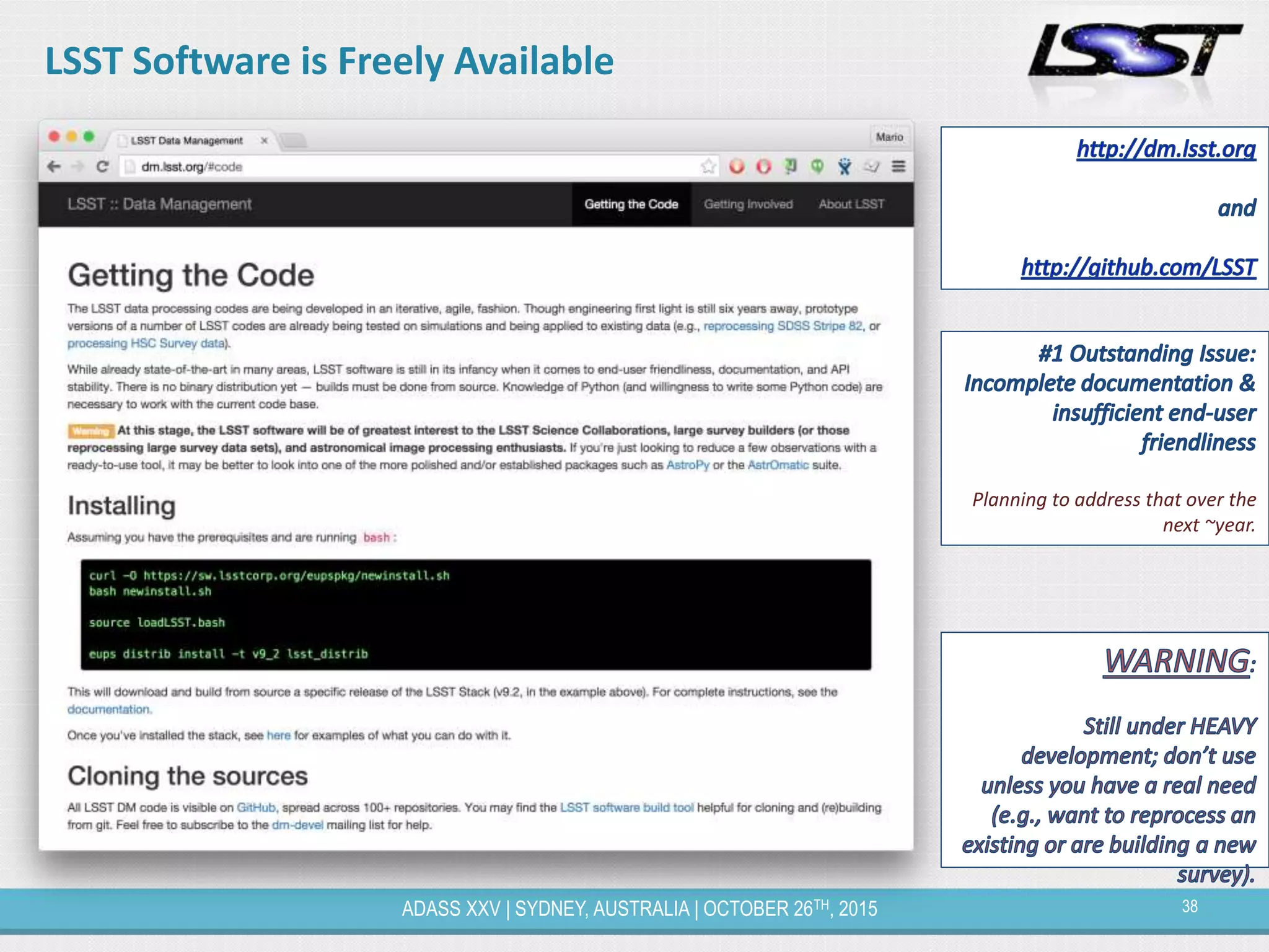 38ADASS XXV | SYDNEY, AUSTRALIA | OCTOBER 26TH, 2015
LSST Software is Freely Available
Planning to address that over the
next ~year.
 