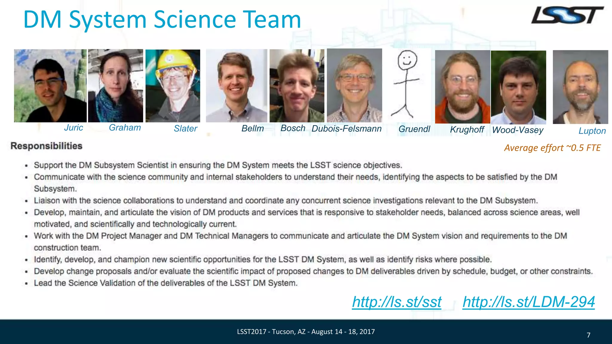 DM System Science Team
7
From http://ls.st/sst o, http://ls.st/LDM-294)
LSST2017 - Tucson, AZ - August 14 - 18, 2017
Juric Graham Slater Bellm Bosch Wood-VaseyDubois-Felsmann Gruendl Lupton
Average effort ~0.5 FTE
Krughoff
 
