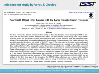 17LSST SOLAR SYSTEM SCIENCE DM PLANS | SOLAR SYSTEM SCIENCE COLLABORATION | AUGUST 9TH, 2017.
Independent study by Veres & Chesley
http://iopscience.iop.org/article/10.3847/1538-3881/aa73d0/pdf
 