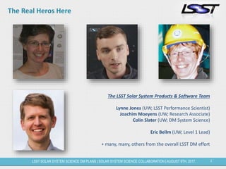 2LSST SOLAR SYSTEM SCIENCE DM PLANS | SOLAR SYSTEM SCIENCE COLLABORATION | AUGUST 9TH, 2017.
The Real Heros Here
The LSST Solar System Products & Software Team
Lynne Jones (UW; LSST Performance Scientist)
Joachim Moeyens (UW; Research Associate)
Colin Slater (UW; DM System Science)
Eric Bellm (UW; Level 1 Lead)
+ many, many, others from the overall LSST DM effort
 