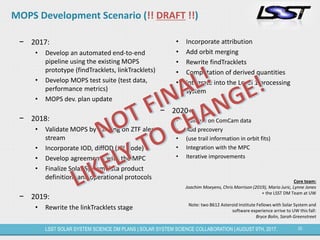 20LSST SOLAR SYSTEM SCIENCE DM PLANS | SOLAR SYSTEM SCIENCE COLLABORATION | AUGUST 9TH, 2017.
MOPS Development Scenario (!! DRAFT !!)
− 2017:
• Develop an automated end-to-end
pipeline using the existing MOPS
prototype (findTracklets, linkTracklets)
• Develop MOPS test suite (test data,
performance metrics)
• MOPS dev. plan update
− 2018:
• Validate MOPS by running on ZTF alert
stream
• Incorporate IOD, diffOD (JPL code)
• Develop agreements with the MPC
• Finalize Solar System data product
definitions and operational protocols
− 2019:
• Rewrite the linkTracklets stage
• Incorporate attribution
• Add orbit merging
• Rewrite findTracklets
• Computation of derived quantities
• Integrate into the Level 1 processing
system
− 2020+:
• Validate on ComCam data
• Add precovery
• (use trail information in orbit fits)
• Integration with the MPC
• Iterative improvements
Core team:
Joachim Moeyens, Chris Morrison (2019), Mario Juric, Lynne Jones
+ the LSST DM Team at UW
Note: two B612 Asteroid Institute Fellows with Solar System and
software experience arrive to UW this fall:
Bryce Bolin, Sarah Greenstreet
 