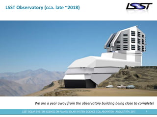 6LSST SOLAR SYSTEM SCIENCE DM PLANS | SOLAR SYSTEM SCIENCE COLLABORATION | AUGUST 9TH, 2017.
LSST Observatory (cca. late ~2018)
We are a year away from the observatory building being close to complete!
 