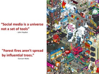 “Social media is a universe
not a set of tools”
          - John Haydon




                              Image: jacobtyler.com
"Forest fires aren't spread
by influential trees.”
          - Duncan Watts
 