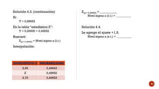 Solución 4.3. (continuación)
Si:
Y = 0,99652
En la tabla “estadístico Z”:
Y = 0,50000 + 0,49652
Buscaré:
Z(p= 0,49652) = Nivel sigma a (l.t.)
Interpolación:
Z(p= 0,49652) = __________
Nivel sigma a (l.t.) = __________
Solución 4.4.
Le agrego el ajuste +1,5.
Nivel sigma a (s.t.) = __________
37
ESTADÍSTICO Z PROBABILIDAD
2,69 0,49643
Z 0,49652
2,70 0,49653
 