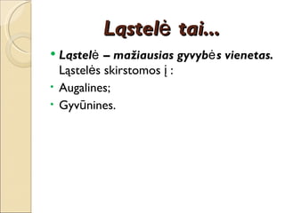 L ąstelė tai... Ląstelė – mažiausias gyvybės vienetas. Ląstelės skirstomos į : Augalines; Gyvūnines. 