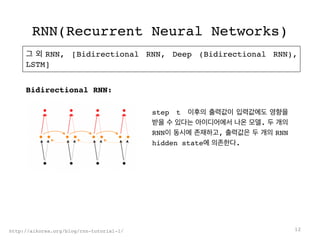 RNN(Recurrent Neural Networks)
그 외 RNN, [Bidirectional RNN, Deep (Bidirectional RNN),
LSTM]
12http://aikorea.org/blog/rnn-tutorial-1/
step t 이후의 출력값이 입력값에도 영향을
받을 수 있다는 아이디어에서 나온 모델. 두 개의
RNN이 동시에 존재하고, 출력값은 두 개의 RNN
hidden state에 의존한다.
Bidirectional RNN: 	
 