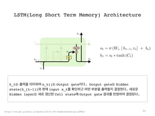 LSTM(Long Short Term Memory) Architecture
20http://colah.github.io/posts/2015-08-Understanding-LSTMs/
h_t는 출력을 의미하며 o_t()는 Output gate이다. Output gate는 Hidden
state(h_[t-1])와 현재 input x_t를 확인하고 어떤 부분을 출력할지 결정한다. 새로운
Hidden layer는 새로 갱신한 Cell state에 Output gate 결과를 반영하여 결정된다.
 