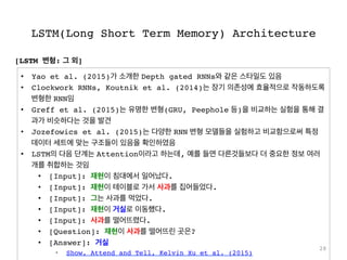 LSTM(Long Short Term Memory) Architecture
28
•  Yao et al. (2015)가 소개한 Depth gated RNNs와 같은 스타일도 있음
•  Clockwork RNNs, Koutnik et al. (2014)는 장기 의존성에 효율적으로 작동하도록
변형한 RNN임
•  Greff et al. (2015)는 유명한 변형(GRU, Peephole 등)을 비교하는 실험을 통해 결
과가 비슷하다는 것을 발견
•  Jozefowics et al. (2015)는 다양한 RNN 변형 모델들을 실험하고 비교함으로써 특정
데이터 세트에 맞는 구조들이 있음을 확인하였음
•  LSTM의 다음 단계는 Attention이라고 하는데, 예를 들면 다른것들보다 더 중요한 정보 여러
개를 취합하는 것임
•  [Input]: 재현이 침대에서 일어났다.
•  [Input]: 재현이 테이블로 가서 사과를 집어들었다.
•  [Input]: 그는 사과를 먹었다.
•  [Input]: 재현이 거실로 이동했다.
•  [Input]: 사과를 떨어뜨렸다.
•  [Question]: 재현이 사과를 떨어뜨린 곳은?
•  [Answer]: 거실
•  Show, Attend and Tell, Kelvin Xu et al. (2015)
[LSTM 변형: 그 외]
 