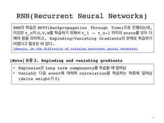 RNN(Recurrent Neural Networks)
RNN의 학습은 BPTT(Backpropagation Through Time)으로 진행되는데,
이것은 t_n의 U,V,W를 학습하기 위해서 t_1 – t_n-1 까지의 state를 모두 더
해야 함을 의미하고, Exploding/Vanishing Gradients의 문제로 학습하기
어렵다고 발표된 바 있다.  
(Bengio, On the difficulty of training recurrent neural networks)
•  Explosion은 long term components를 학습할 때 일어남
•  Vanish는 다음 event에 대하여 correlation을 학습하는 와중에 일어남
(delta weight가 0)
[Note] 논문 2. Exploding and vanishing gradients
6
 