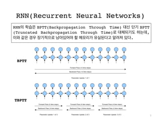 RNN(Recurrent Neural Networks)
RNN의 학습은 BPTT(Backpropagation Through Time) 대신 단기 BPTT
(Truncated Backpropagation Through Time)로 대체되기도 하는데,
이와 같은 경우 장기적으로 남아있어야 할 메모리가 유실된다고 알려져 있다.
BPTT	
TBPTT	
7
 