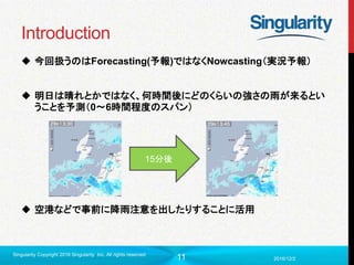 11
Introduction
 今回扱うのはForecasting(予報)ではなくNowcasting（実況予報）
 明日は晴れとかではなく、何時間後にどのくらいの強さの雨が来るとい
うことを予測（0〜6時間程度のスパン）
 空港などで事前に降雨注意を出したりすることに活用
2016/12/2
Singularity Copyright 2016 Singularity Inc. All rights reserved
15分後
 