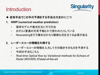 12
Introduction
 従来手法でこの手の予測をする手法は大まかに二つ
1. NWP（numerical weather prediction）
• 確率モデルや数式を元に行う方法
• おそらく普通の天気予報とかで使われたりしている
• Nowcastingを行う場合はかなり複雑な式を立てる必要がある
2. レーダーエコーの情報を外挿する
• レーダーエコーの情報を入力してその動きそのものを予測する
• 今回の手法もこちら
• Real-time Optical flow by Variational methods for Echoes of
Radar (ROVER) がstate-of-the-art
2016/12/2
Singularity Copyright 2016 Singularity Inc. All rights reserved
 