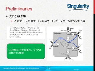 17
Preliminaries
 元になるLSTM
 入力ゲート、出力ゲート、忘却ゲート、ピープホールがついたもの
2016/12/2
Singularity Copyright 2016 Singularity Inc. All rights reserved
LSTM内だけでの重み、バイアス
は合計１５種類
 