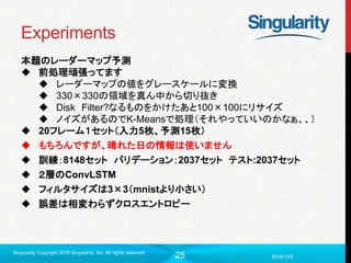 25
Experiments
本題のレーダーマップ予測
 前処理頑張ってます
 レーダーマップの値をグレースケールに変換
 330×330の領域を真ん中から切り抜き
 Disk Filter?なるものをかけたあと100×100にリサイズ
 ノイズがあるのでK-Meansで処理（それやっていいのかなぁ、、）
 20フレーム１セット（入力5枚、予測15枚）
 もちろんですが、晴れた日の情報は使いません
 訓練：8148セット バリデーション：2037セット テスト:2037セット
 ２層のConvLSTM
 フィルタサイズは3×3（mnistより小さい）
 誤差は相変わらずクロスエントロピー
2016/12/2
Singularity Copyright 2016 Singularity Inc. All rights reserved
 