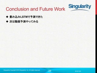29
Conclusion and Future Work
 畳み込みLSTMで予測できた
 次は動画予測やってみる
2016/12/2
Singularity Copyright 2016 Singularity Inc. All rights reserved
 